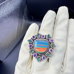 925 Sterling Silver Colorful Heart-Shaped Ring, Custom Made, Adjustable 6-8